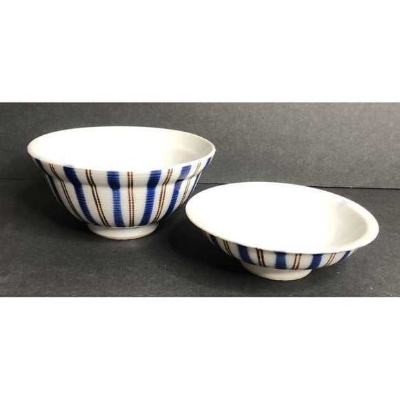 Japanese lidded Rice / Soup Bowl Set Striped Blue Brown - Picture 1 of 11